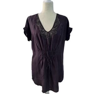 Rebecca Taylor Women's Dark Grey Cap Sleeves Silk Sequin Tunic Top Sz 4